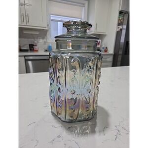 Vintage LE Smith Imperial Atterbury Scroll Canister Jar Iridescent Carnival 9"